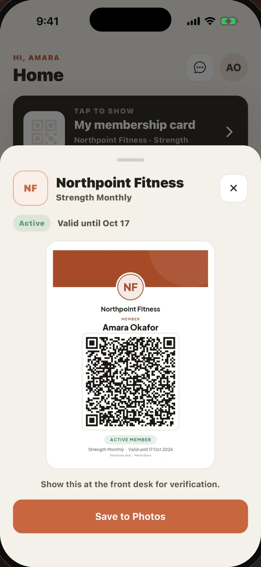 MembrBase member app: membership card with the QR shown at the front desk