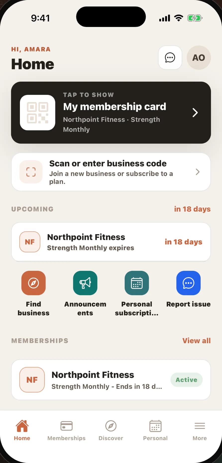 MembrBase member app: home screen with the membership card and upcoming renewals