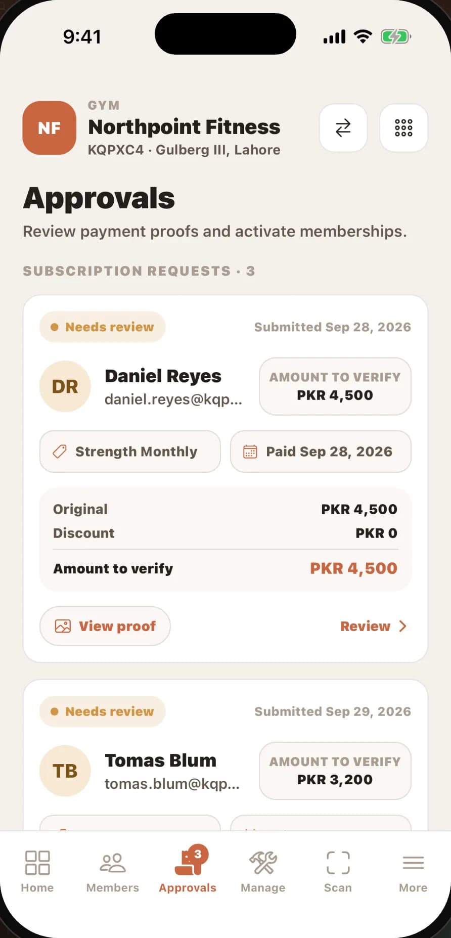 MembrBase owner app: approvals screen with a payment to verify and the receipt attached