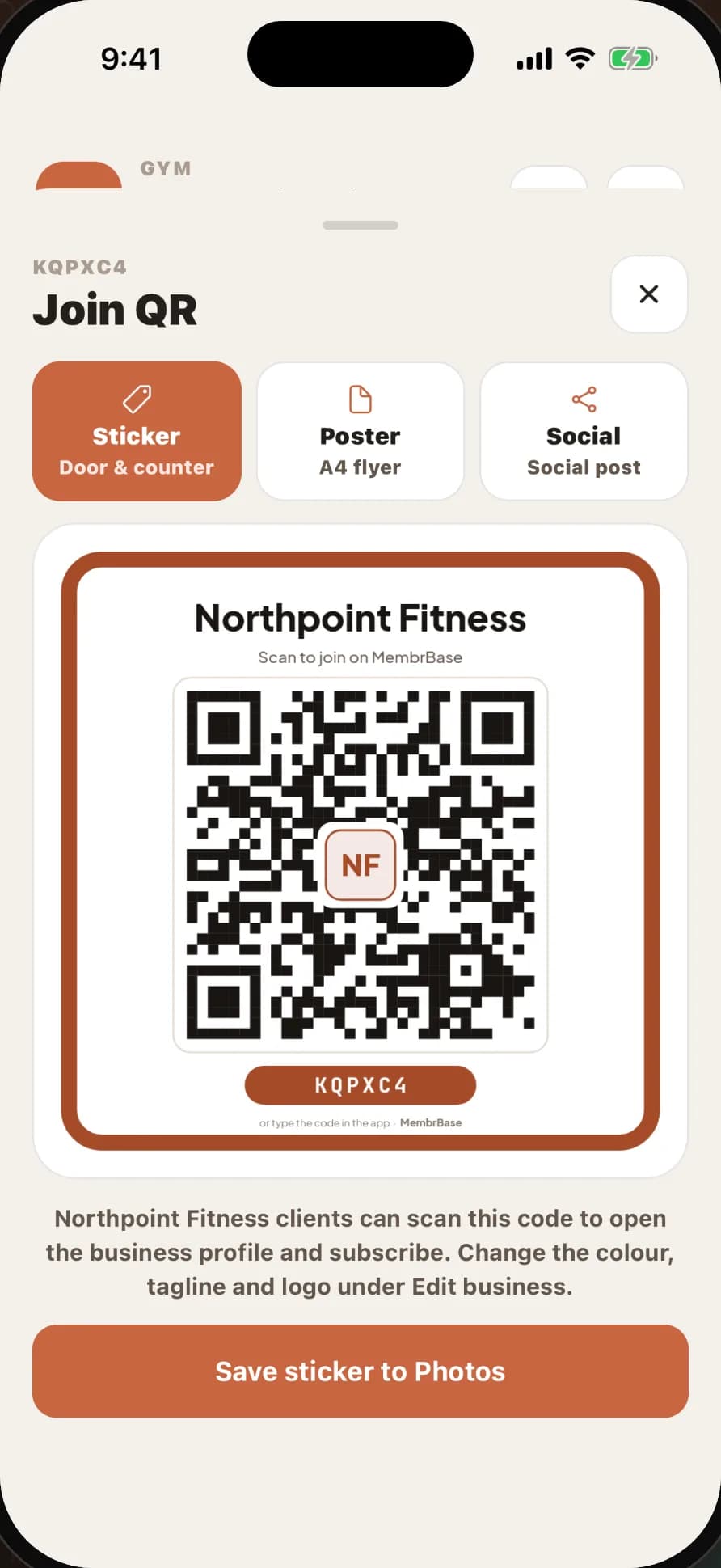 MembrBase owner app: printable join QR sticker for the business